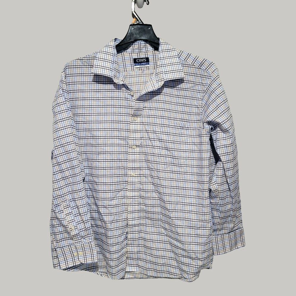 Chaps Stretch Collar Wrinkle Free Button Down Shirt 18.5 34/35 White Blue Yellow